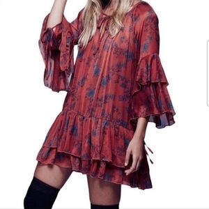 Free People Red Sunsetter Bell Sleeves Mini Dress Size M